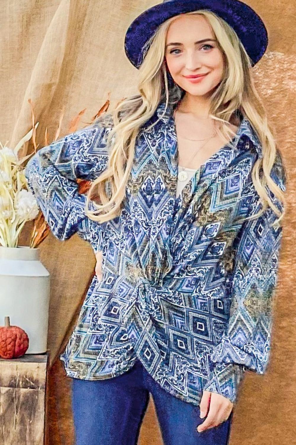 And The Why Print Twist Knot Long Sleeve Blouse Carauana Store