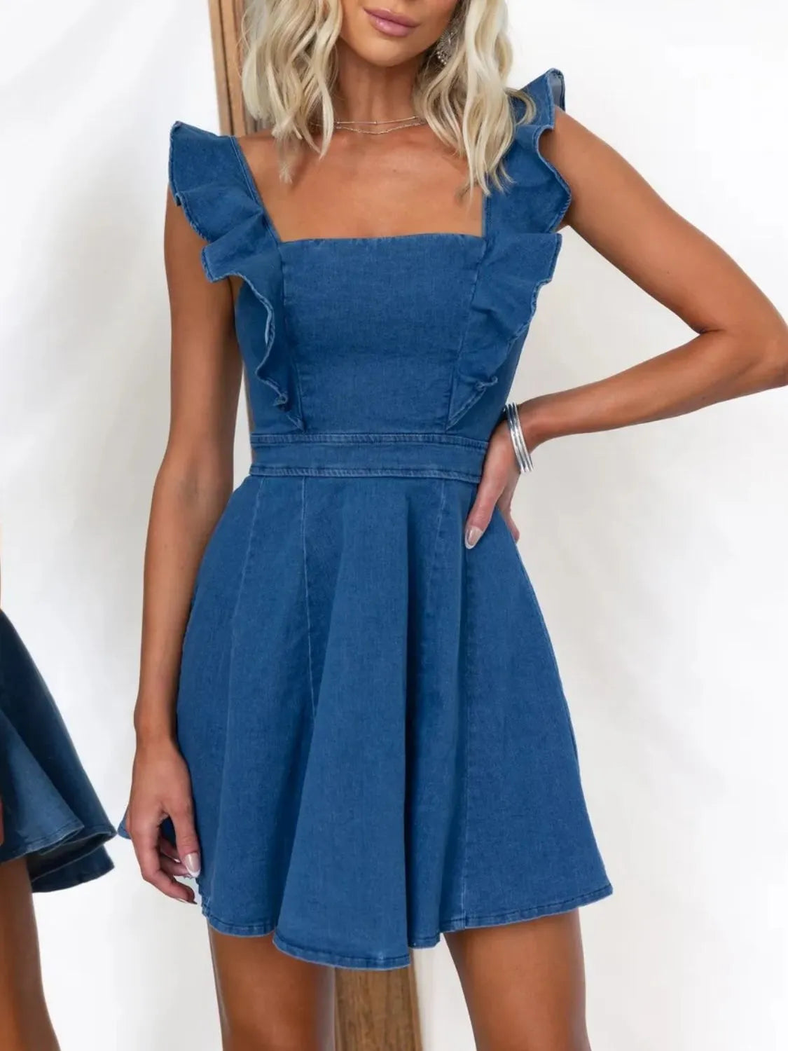 Ruffled Square Neck Denim Mini Dress