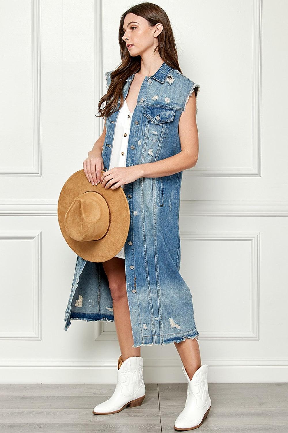 Veveret Full Size Distressed Sleeveless Longline Denim Jacket Carauana Store