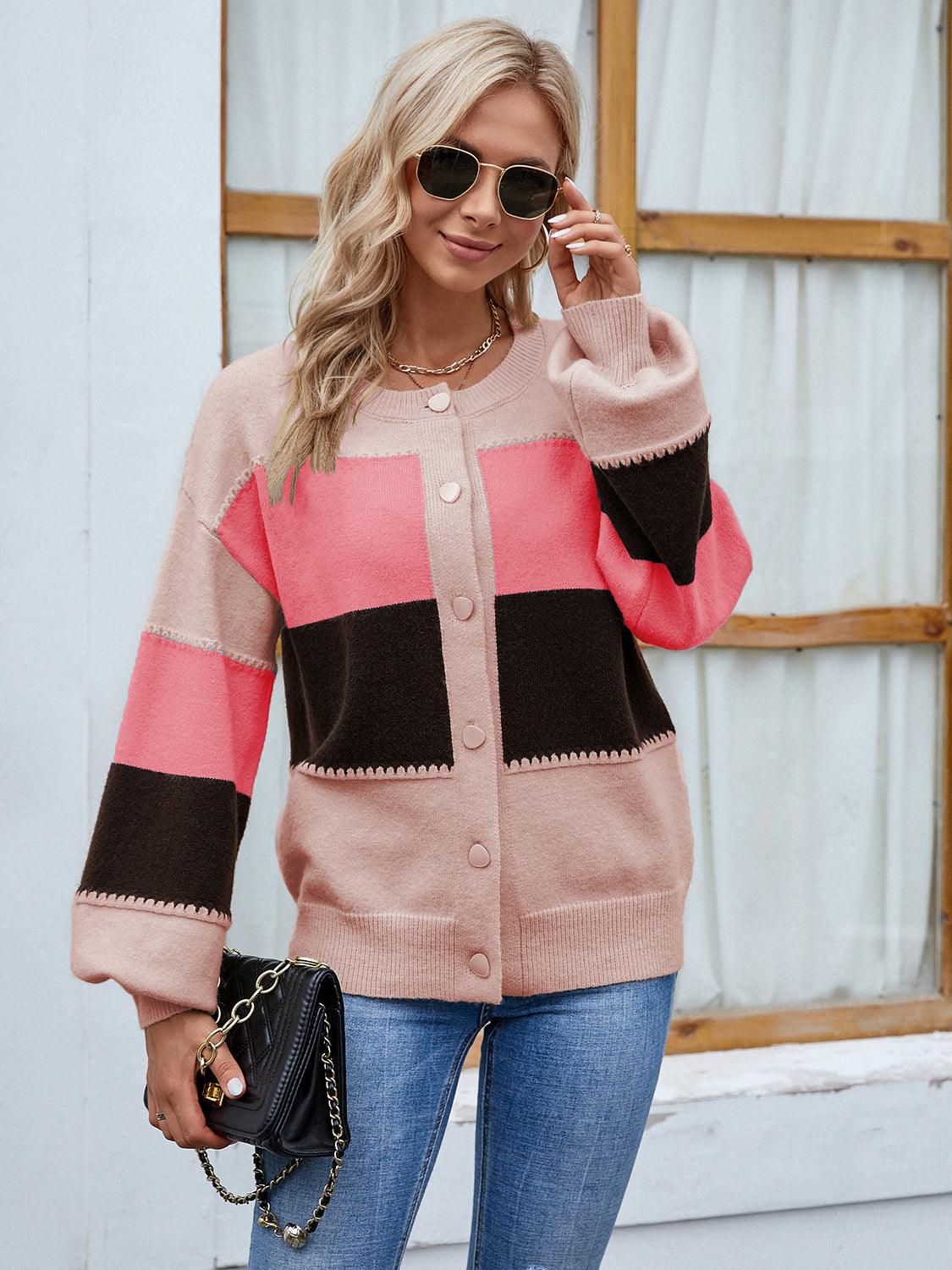 Color Block Button Up Lantern Sleeve Cardigan Carauana Store