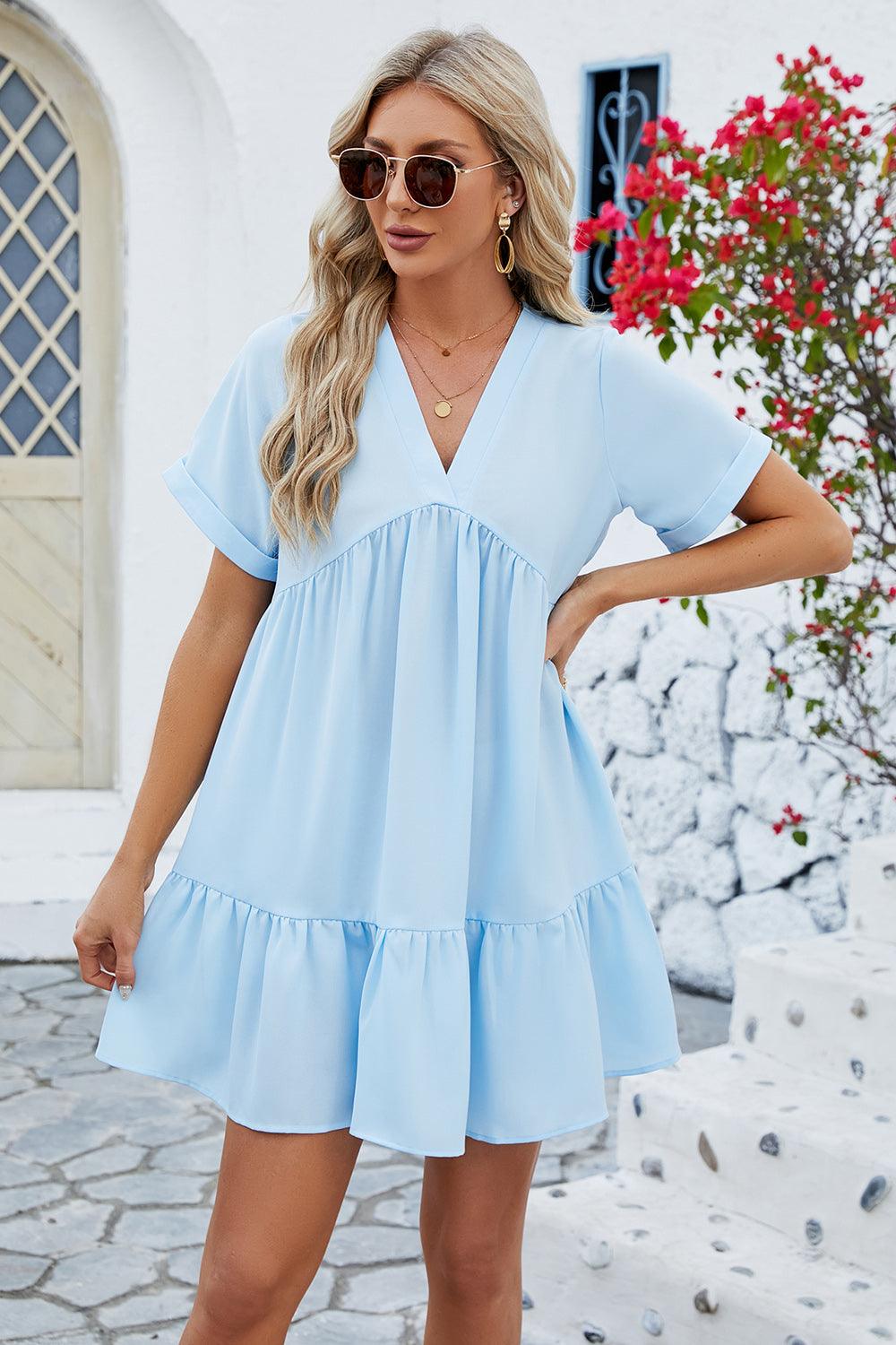 Ruched Tiered V-Neck Short Sleeve Mini Dress Carauana Store
