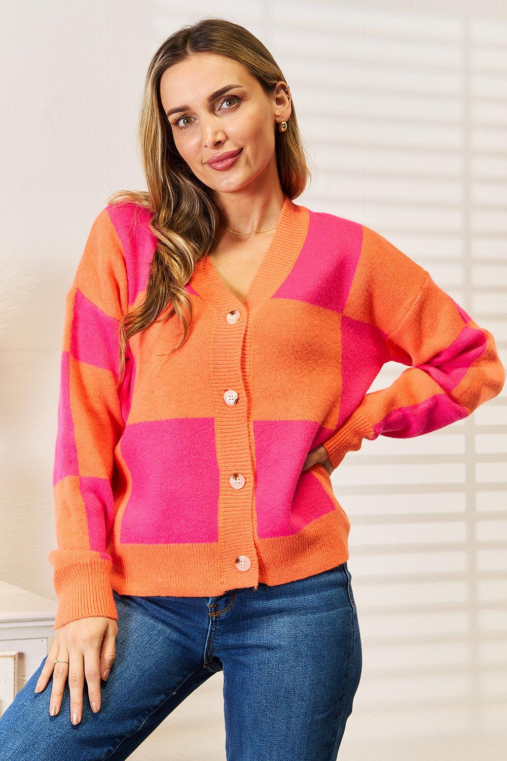 Angel Wings Woven Right Checkered V-Neck Dropped Shoulder Cardigan Carauana Store