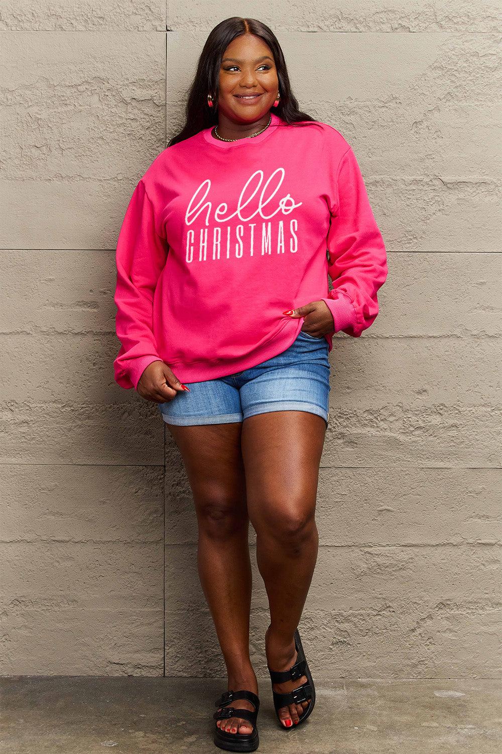 Simply Love Full Size HELLO CHRISTMAS Long Sleeve Sweatshirt Carauana Store