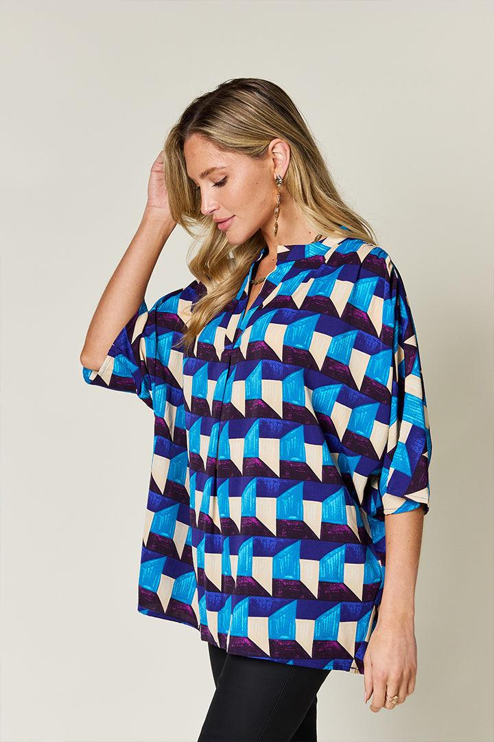 Double Take Full Size Geometric Notched Half Sleeve Blouse Carauana Store