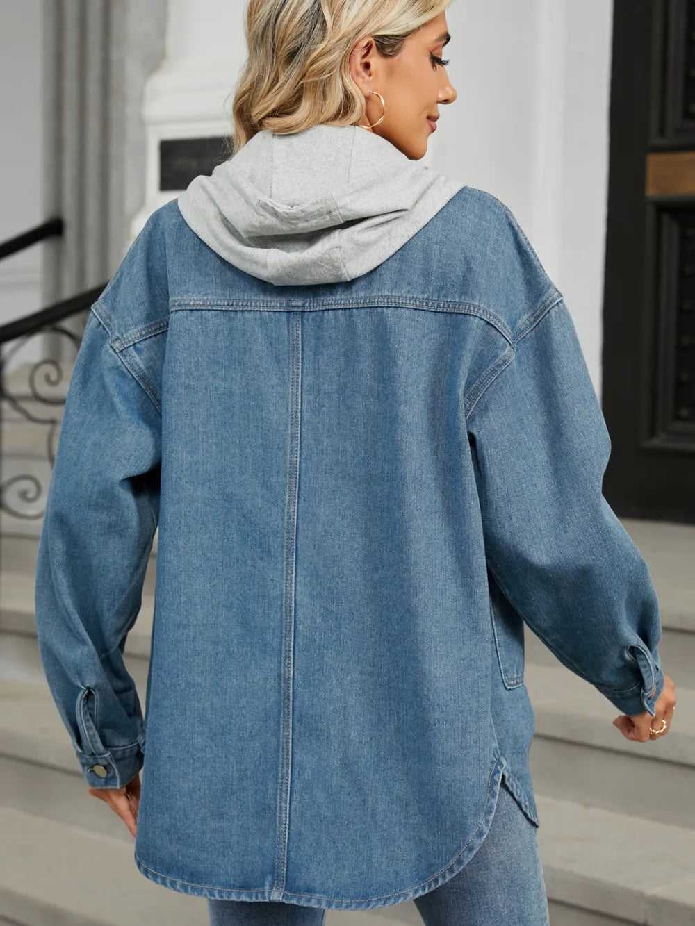 Removable Hood Button Up Long Sleeve Denim Jacket Carauana Store