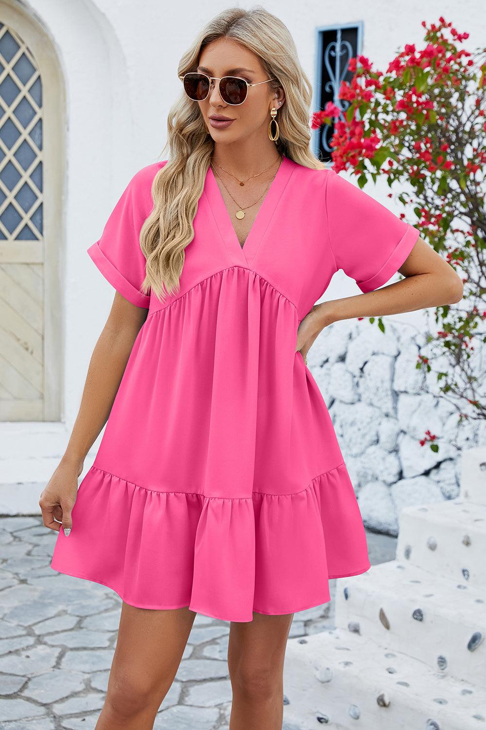 Ruched Tiered V-Neck Short Sleeve Mini Dress Carauana Store