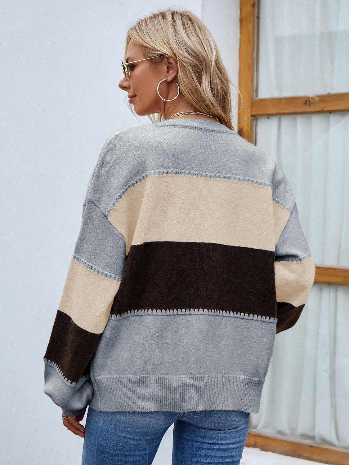 Color Block Button Up Lantern Sleeve Cardigan Carauana Store