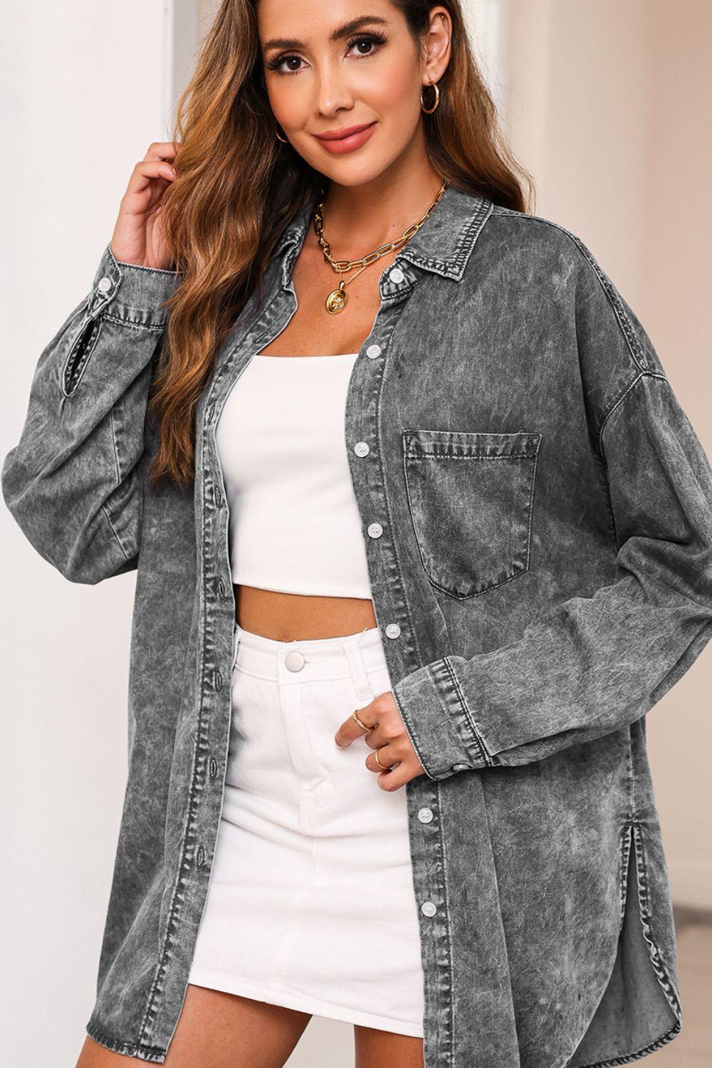 Button Up Dropped Shoulder Denim Top Carauana Store