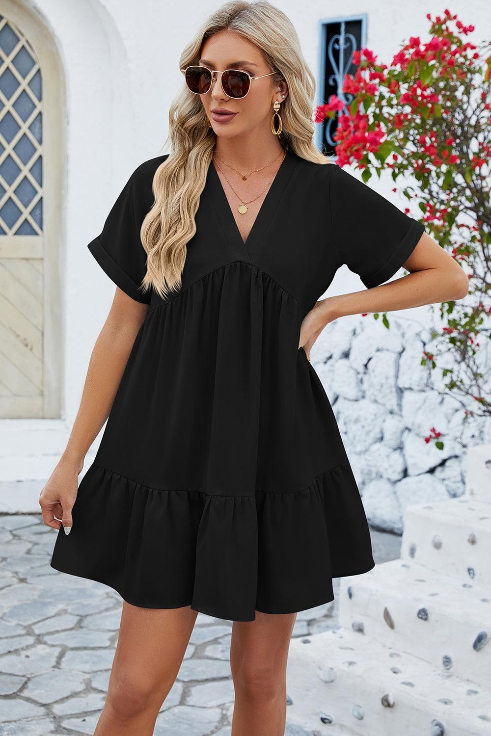Ruched Tiered V-Neck Short Sleeve Mini Dress Carauana Store