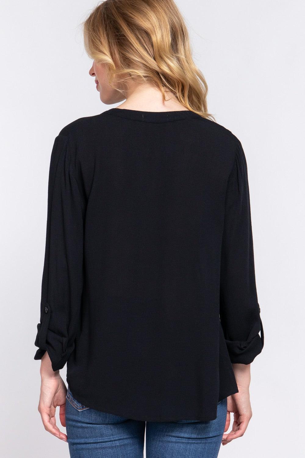 ACTIVE BASIC Full Size Notched Long Sleeve Woven Top Carauana Store