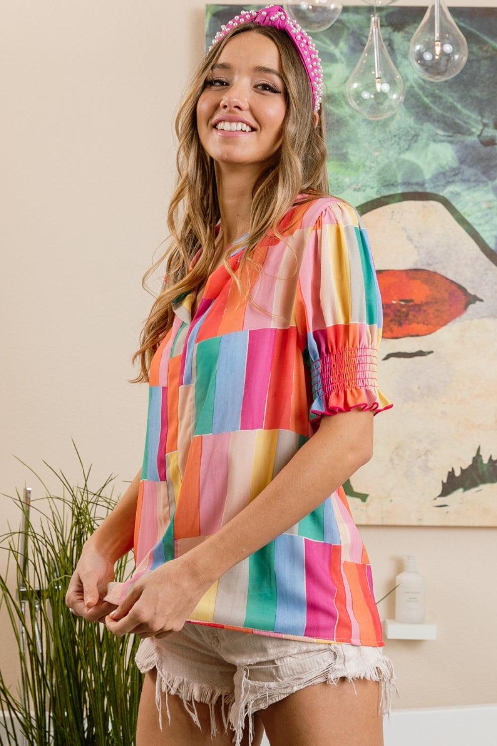 BiBi Color Block Smocked Short Sleeve Blouse Carauana Store