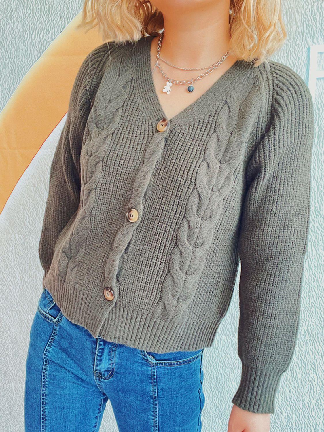 Cable-Knit V-Neck Button Down Long Sleeve Cardigan Carauana Store