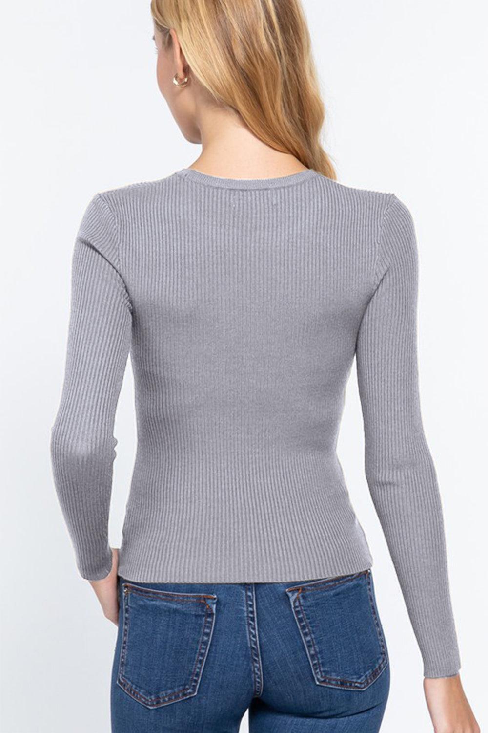 ACTIVE BASIC Full Size Ribbed Round Neck Long Sleeve Knit Top Carauana Store