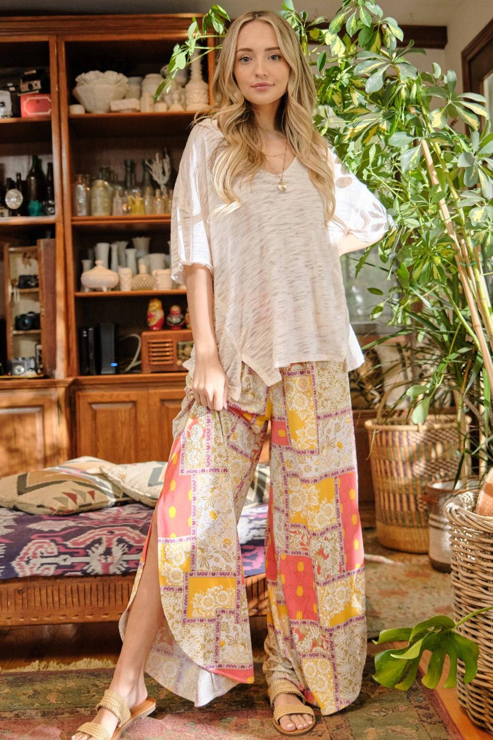 And The Why Printed Smocking Waist Side Slit Wide Leg Pants Carauana Store