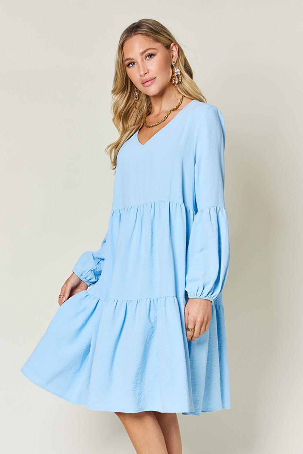 Double Take Full Size V-Neck Balloon Sleeve Tiered Dress Carauana Store