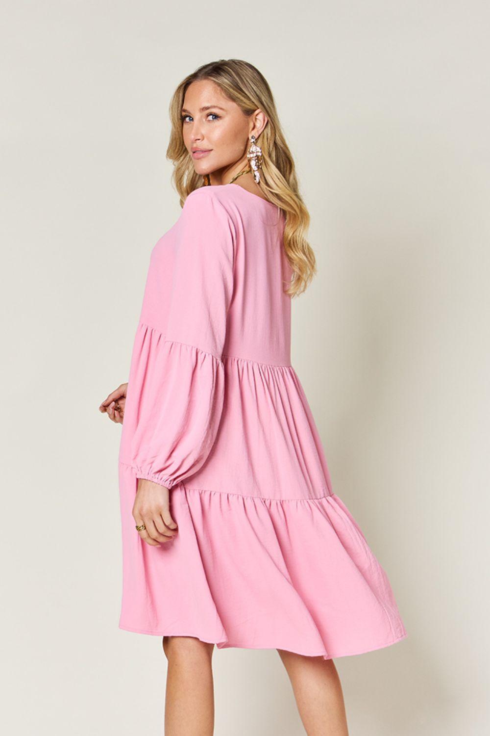 Double Take Full Size V-Neck Balloon Sleeve Tiered Dress Carauana Store