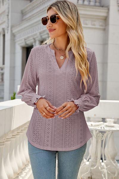 Eyelet Notched Lantern Sleeve T-Shirt Carauana Store