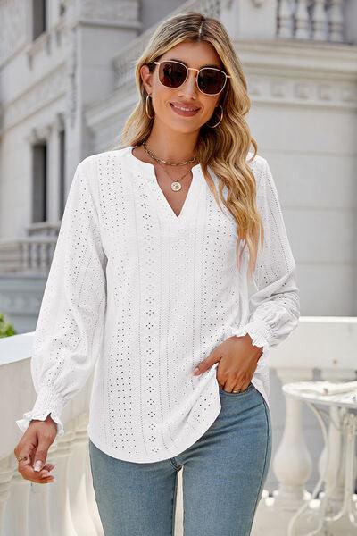 Eyelet Notched Lantern Sleeve T-Shirt Carauana Store