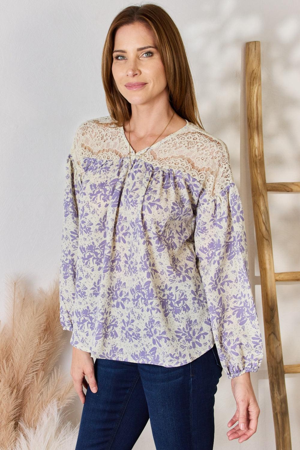 Hailey & Co Full Size Lace Detail Printed Blouse Carauana Store