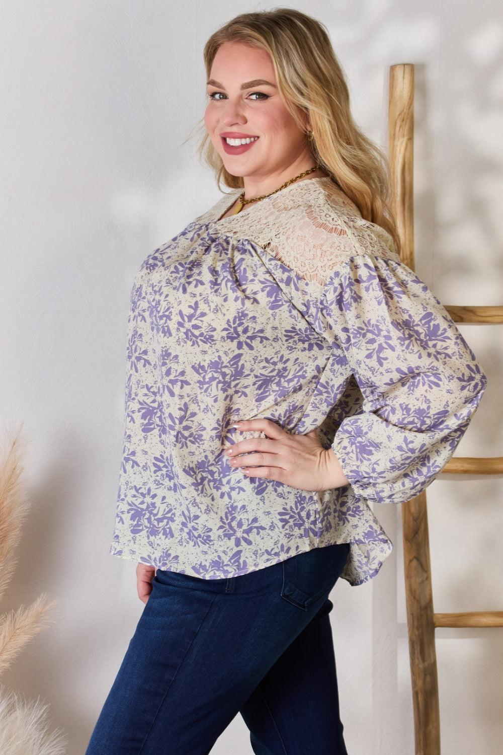 Hailey & Co Full Size Lace Detail Printed Blouse Carauana Store