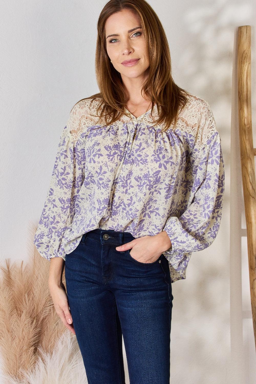 Hailey & Co Full Size Lace Detail Printed Blouse Carauana Store