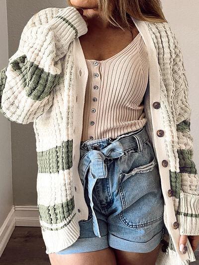 Plus Size Striped Button Up Dropped Shoulder Cardigan Carauana Store