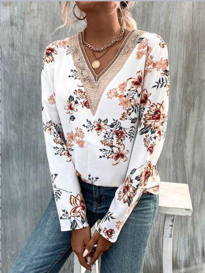 Printed V-Neck Long Sleeve Blouse Carauana Store