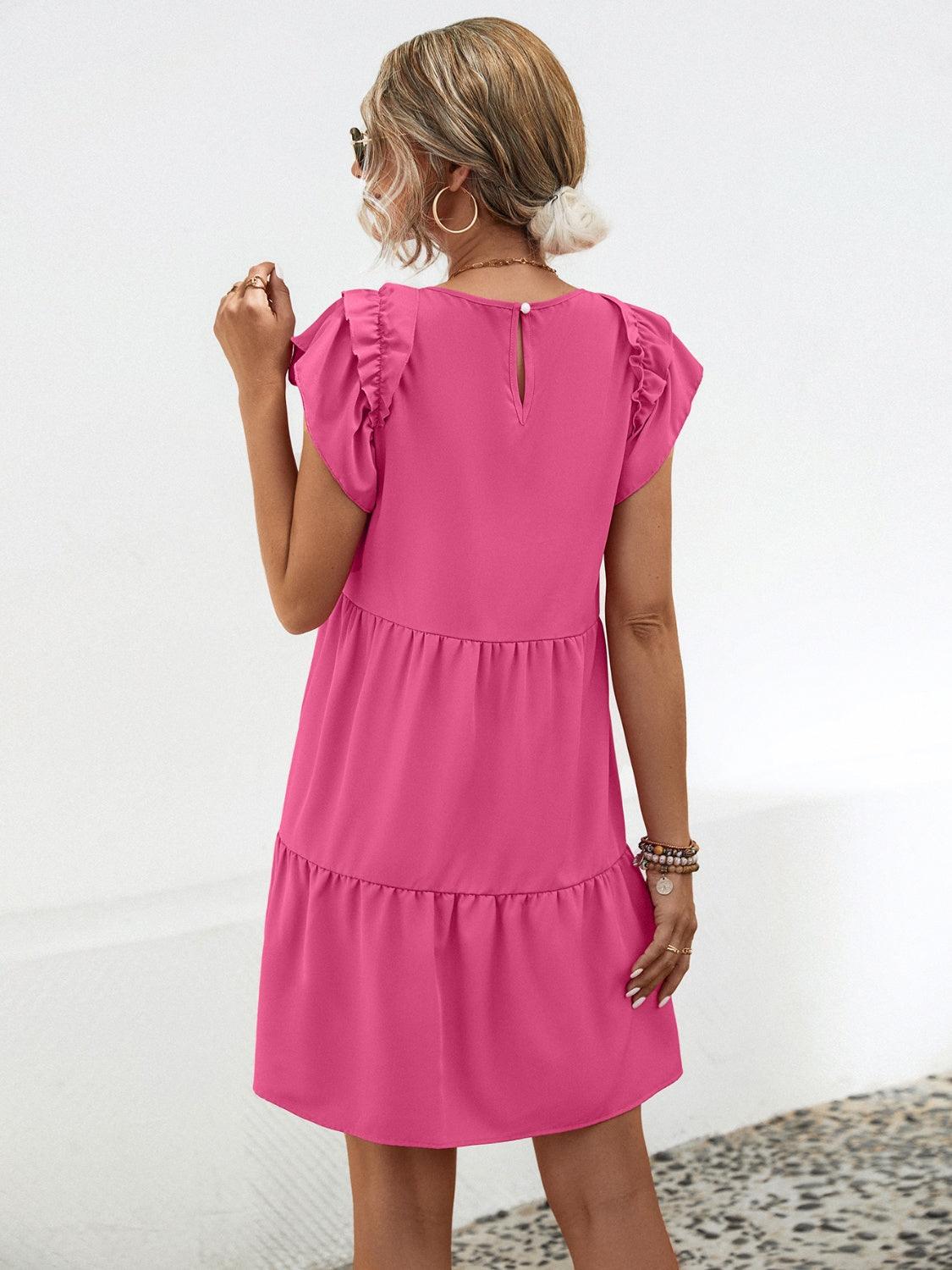 Ruffled Round Neck Cap Sleeve Mini Dress Carauana Store