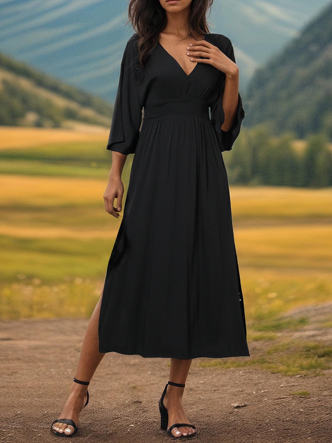 Slit V-Neck Long Sleeve Midi Dress Carauana Store