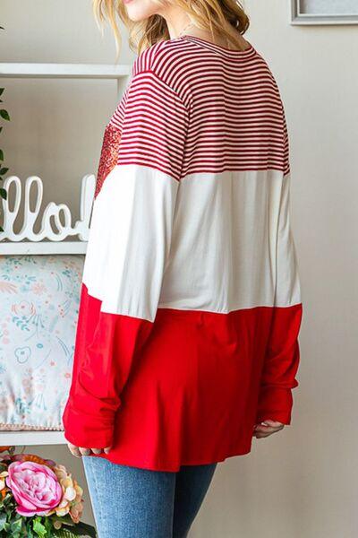 Striped Heart Sequin Long Sleeve T-Shirt Carauana Store