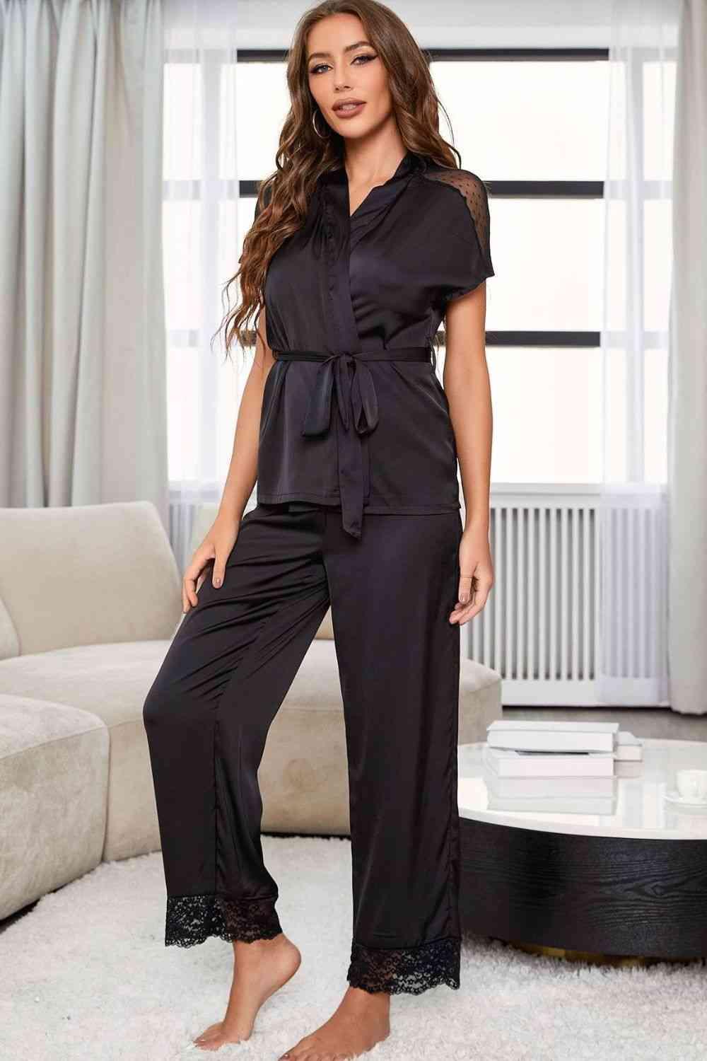 Surplice Neck Tie Waist Top and Pants Pajama Set Carauana Store