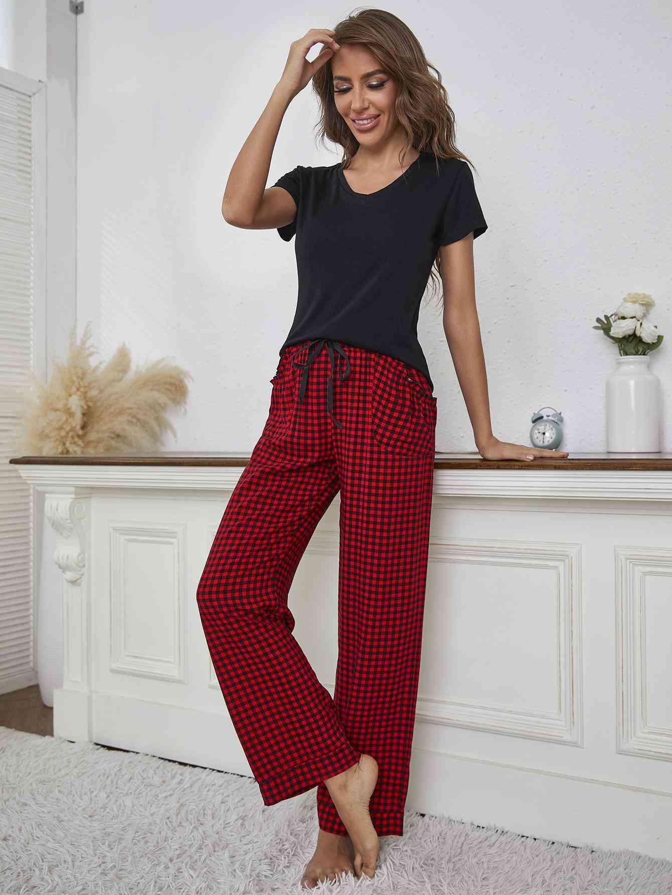 V-Neck Top and Gingham Pants Lounge Set Carauana Store
