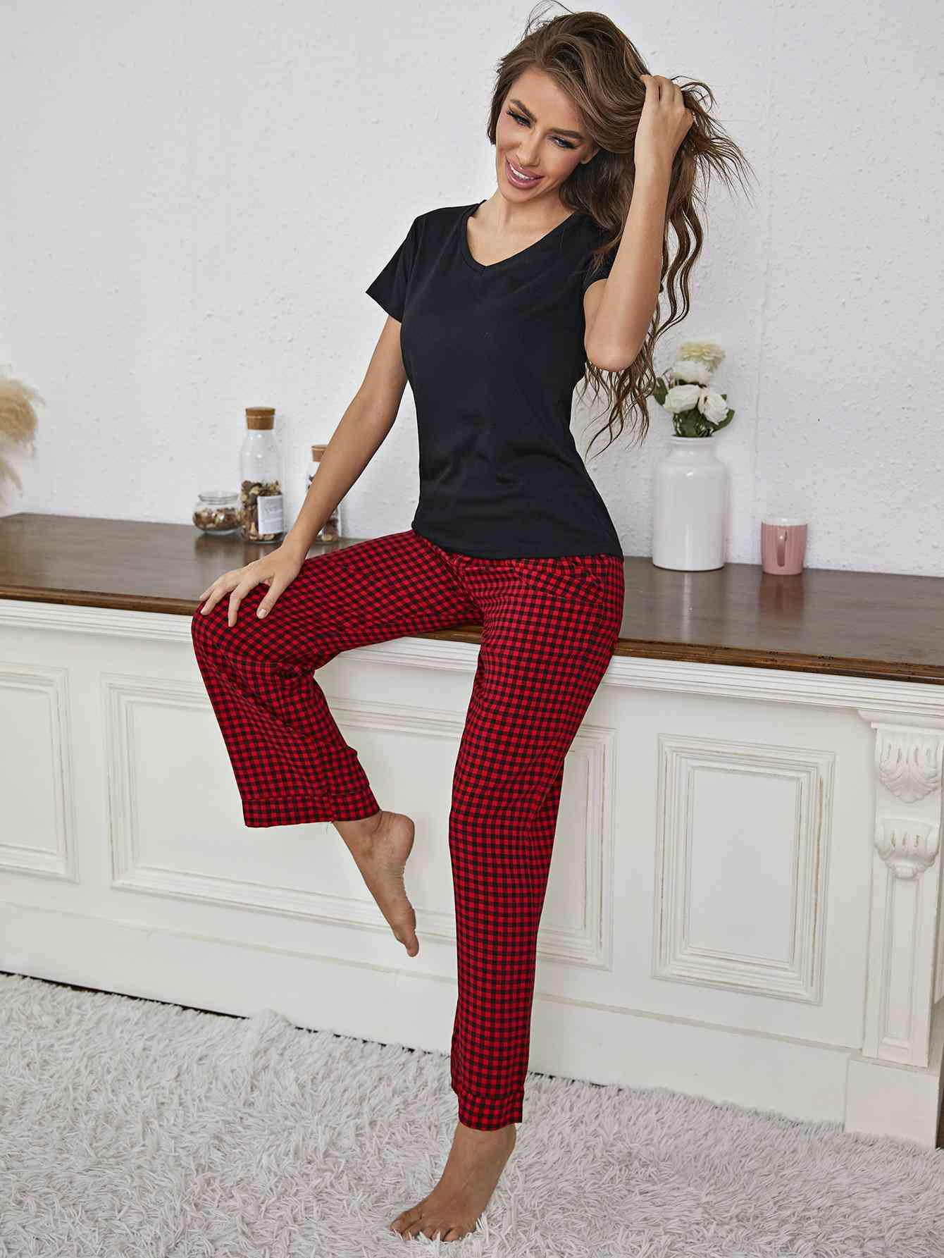 V-Neck Top and Gingham Pants Lounge Set Carauana Store