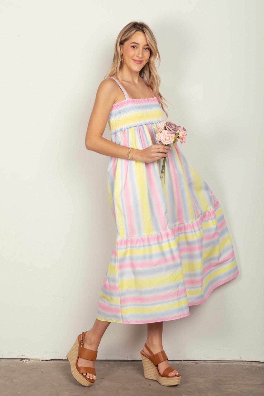 VERY J Striped Woven Smocked Midi Cami Dress Carauana Store