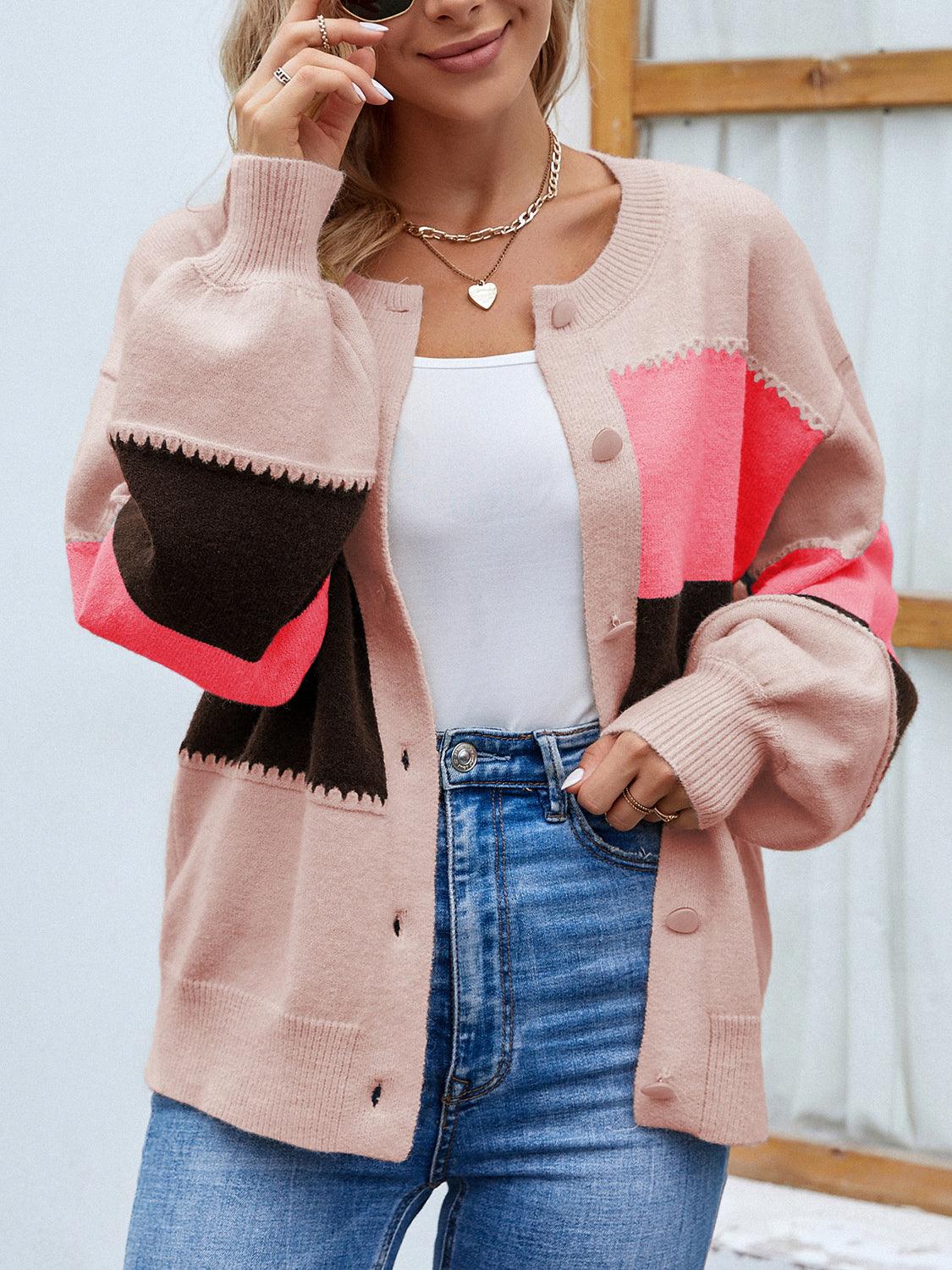 Color Block Button Up Lantern Sleeve Cardigan Carauana Store