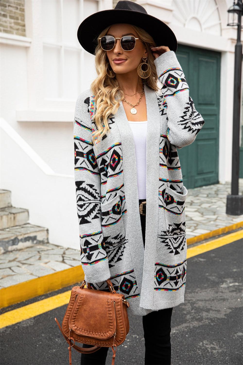 Angel Wings Pocketed Geometric Open Front Dropped Shoulder Cardigan Carauana Store