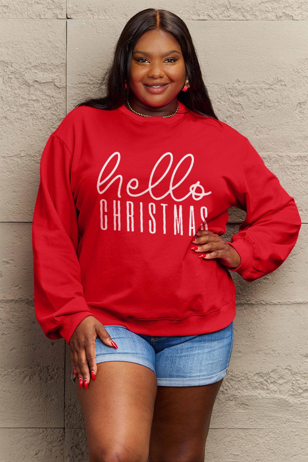 Simply Love Full Size HELLO CHRISTMAS Long Sleeve Sweatshirt Carauana Store