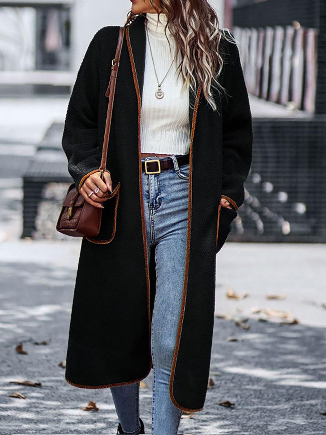 Full Size Contrast Trim Long Sleeve Coat with Pockets Carauana Store