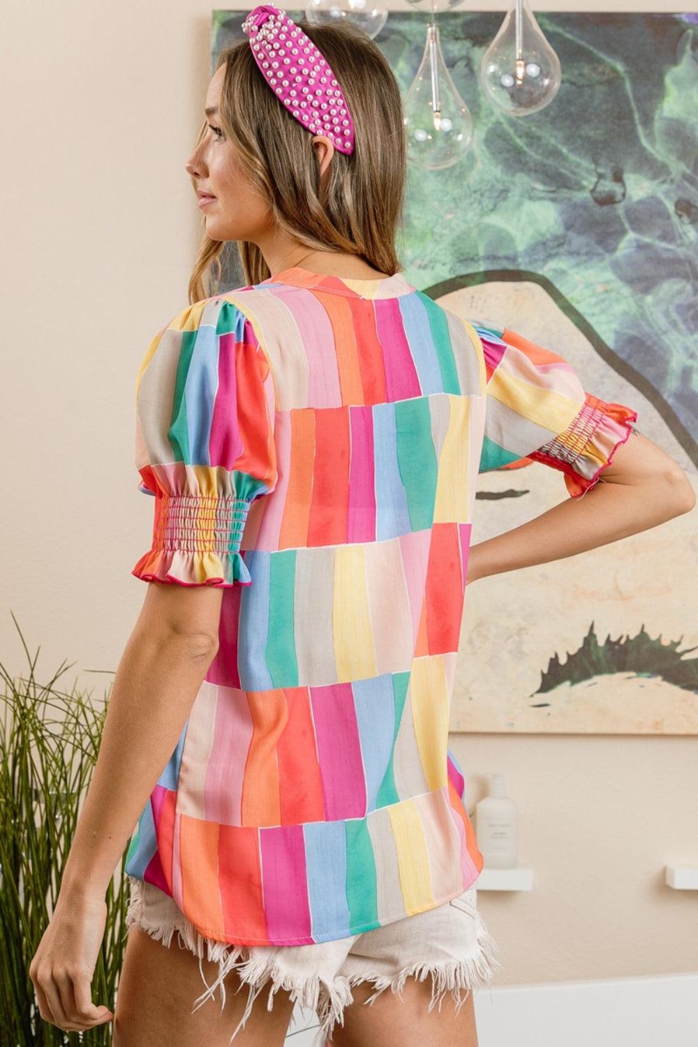 BiBi Color Block Smocked Short Sleeve Blouse Carauana Store