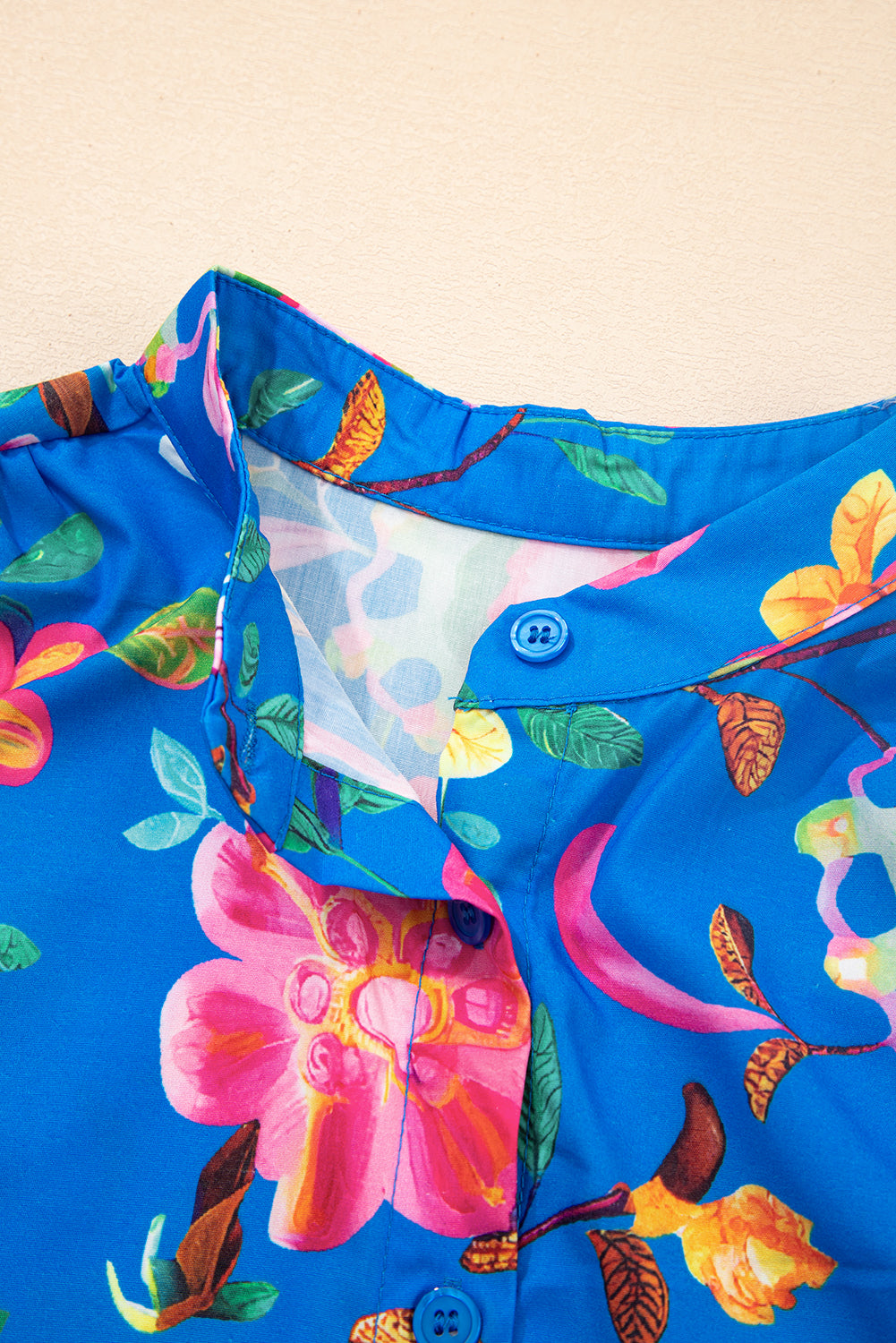 Blue Floral Short Puff Sleeve Button Up Shirt