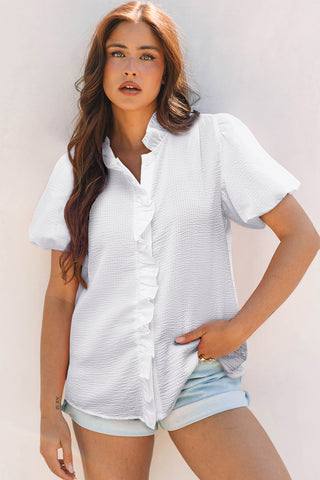 White Striped Ruffle Short Bubble Sleeve Shirt