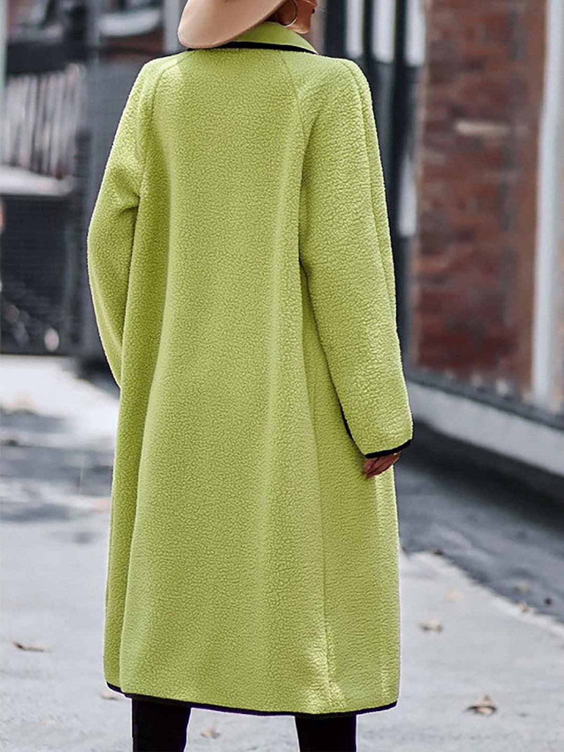 Full Size Contrast Trim Long Sleeve Coat with Pockets Carauana Store