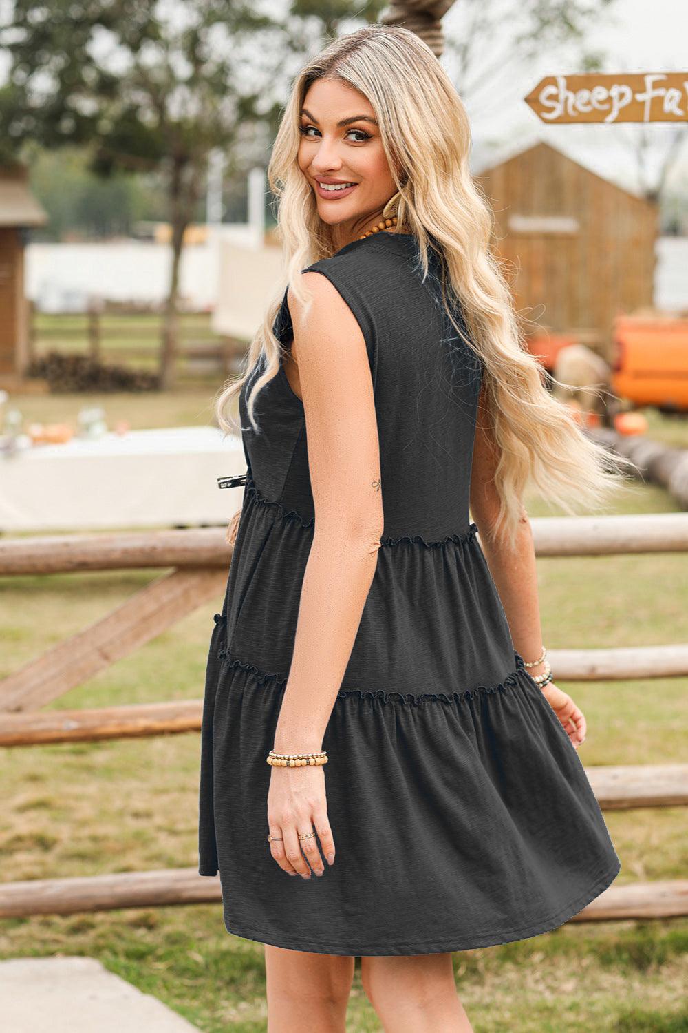 Frill Notched Sleeveless Mini Dress Carauana Store