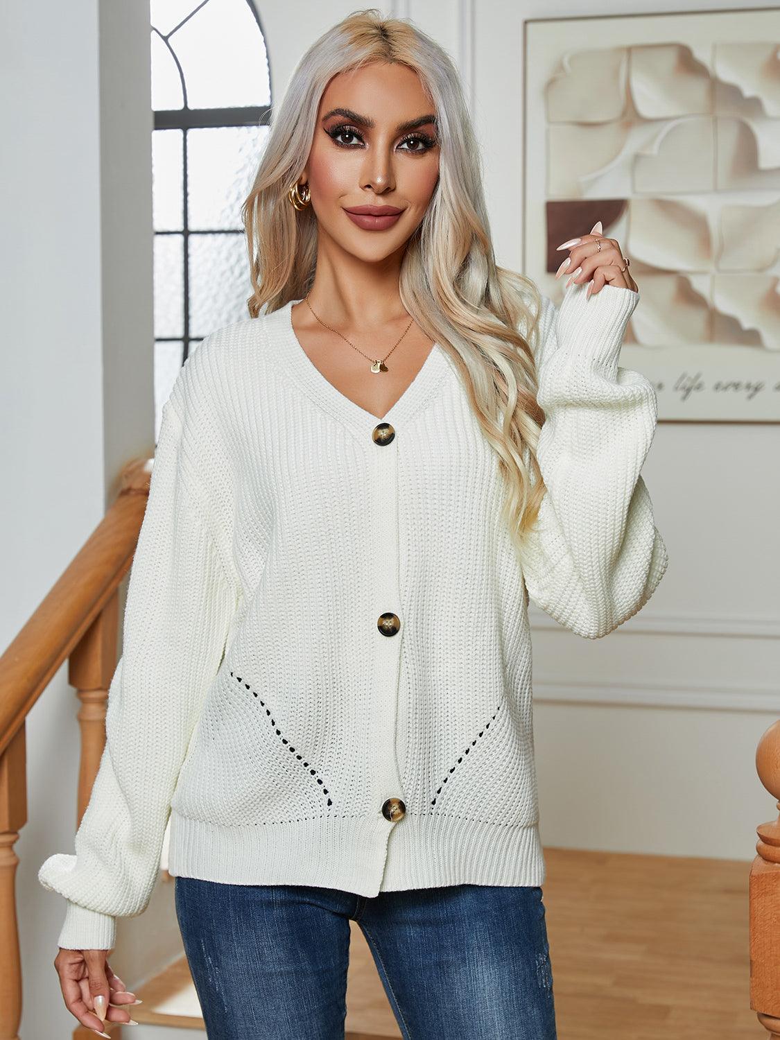 Button Up V-Neck Long Sleeve Cardigan Carauana Store