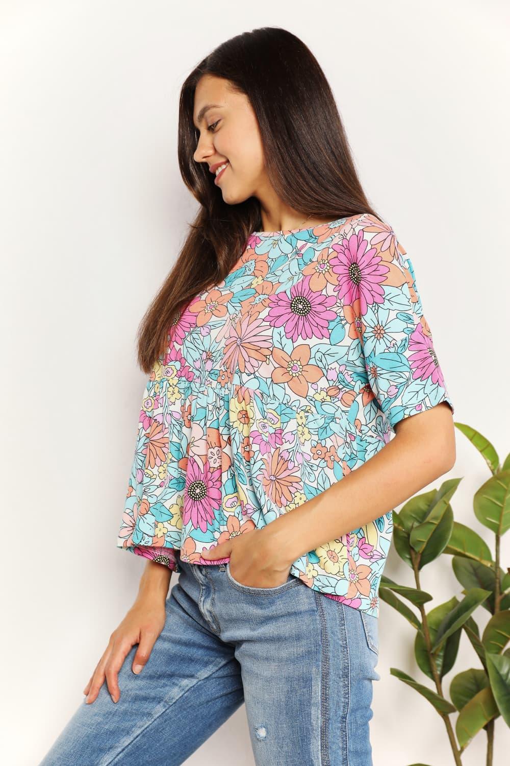 Double Take Floral Round Neck Babydoll Top Carauana Store