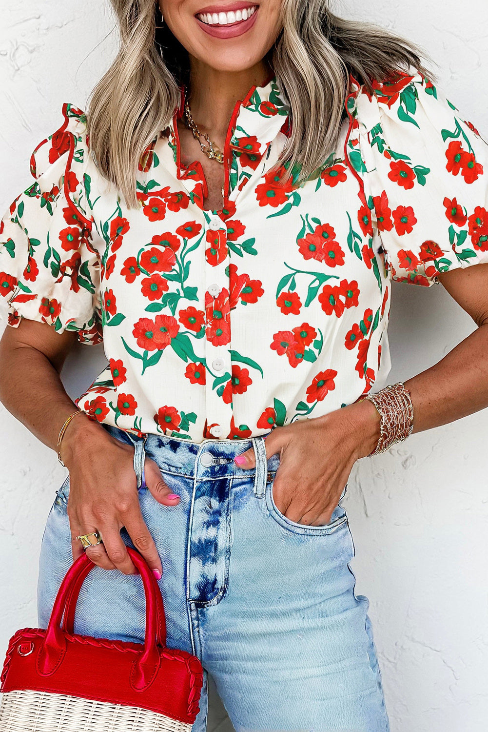 Red Floral Print Ruffled Puff Sleeve Elegant Summer Shirt
