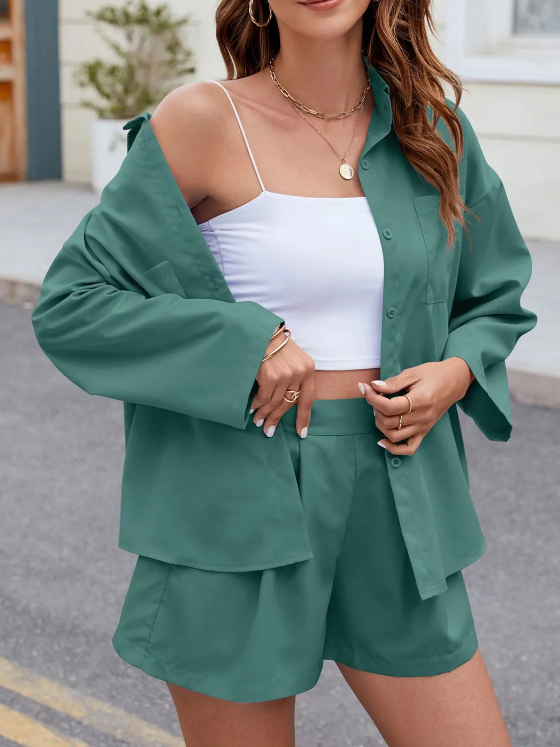 Button Up Long Sleeve Top and Shorts Set Carauana Store