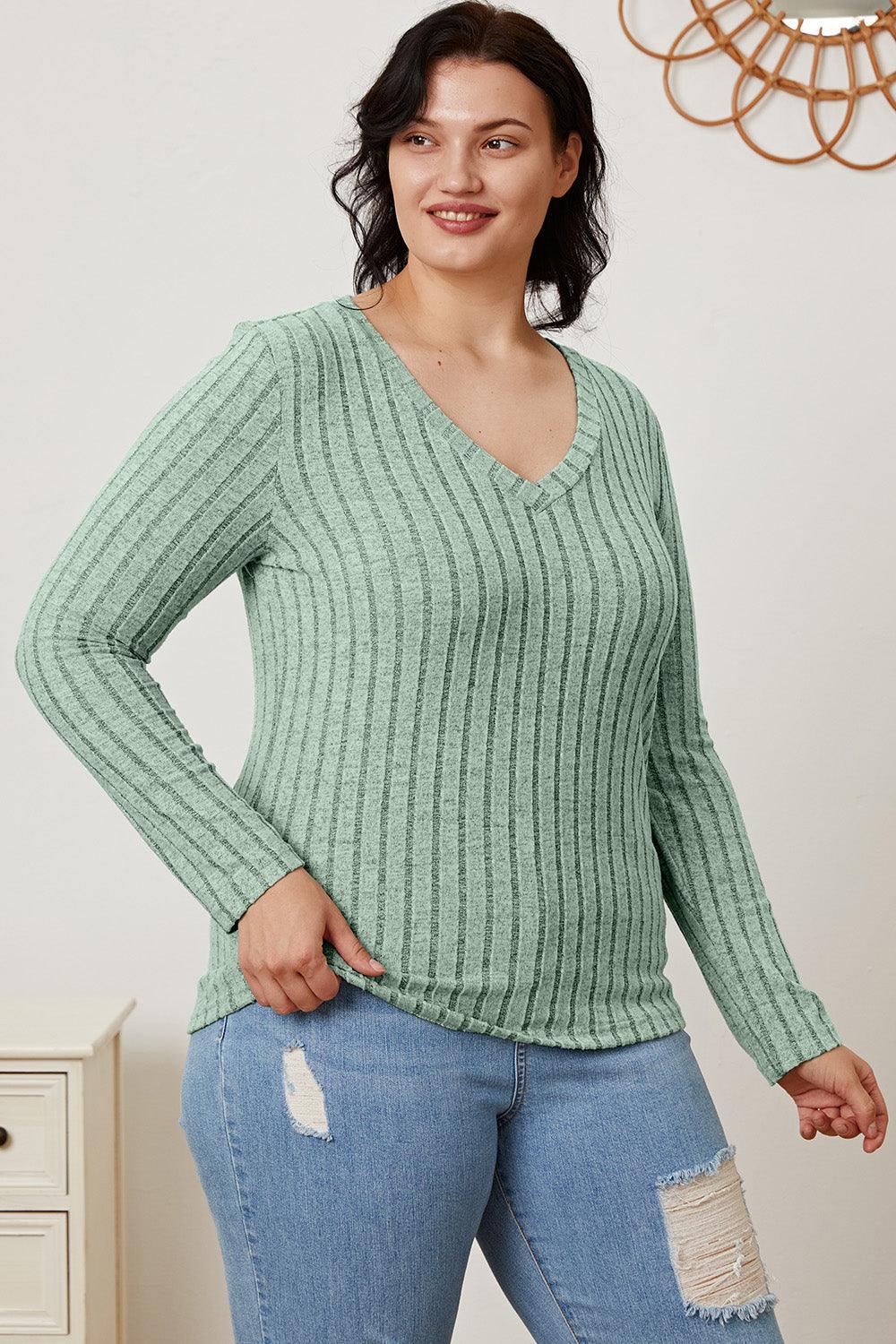 Basic Bae Full Size Ribbed V-Neck Long Sleeve T-Shirt Carauana Store