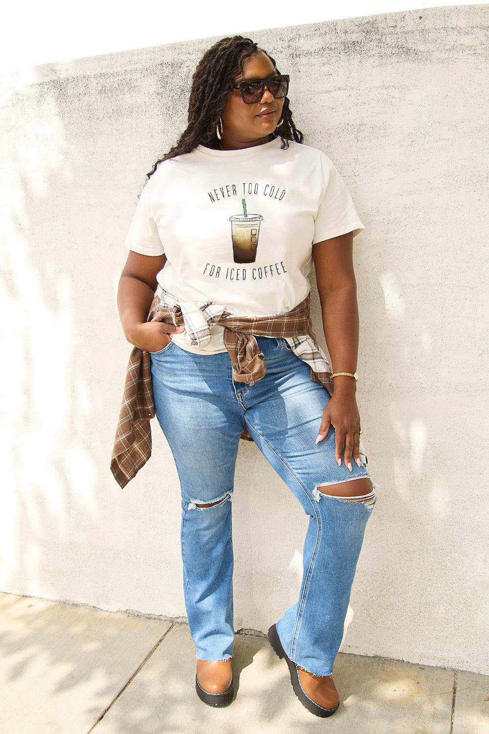 Simply Love Full Size NEVER TOO COLD FOR ICED COFFEE Short Sleeve T-Shirt Carauana Store