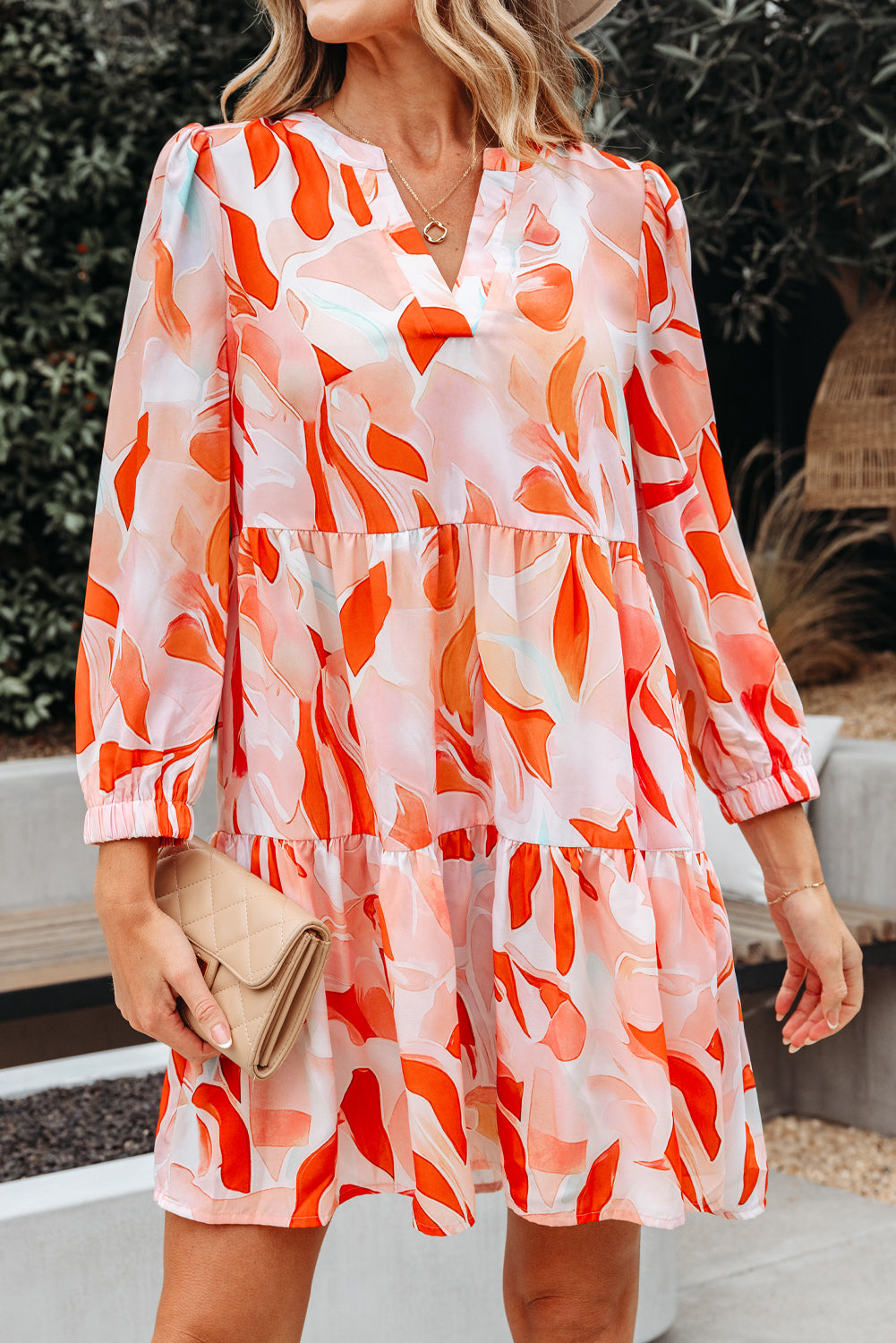 Orange Abstract Print Split Neck Long Sleeve Dress